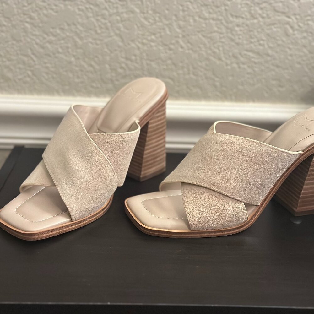 Marc Fisher Tan and Cream Mules